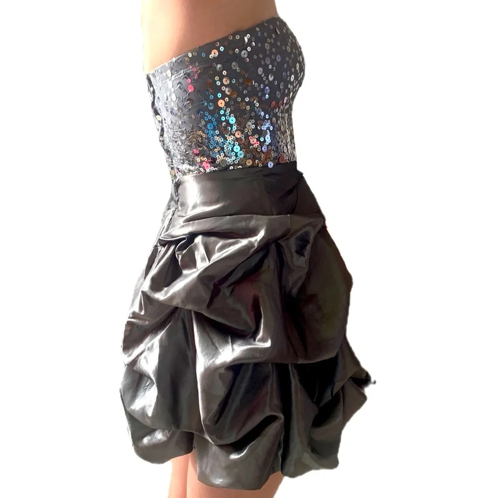 Trixxi Size 3 Gray Strapless Sequin Puff Skirt Formal Short Mini Dress - Picture 6 of 7